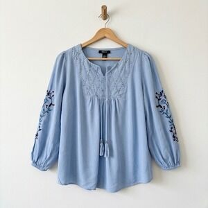 Style & Co Womens Blue Rayon Embroidered Boho Peasant Blouse Tassels Studded M
